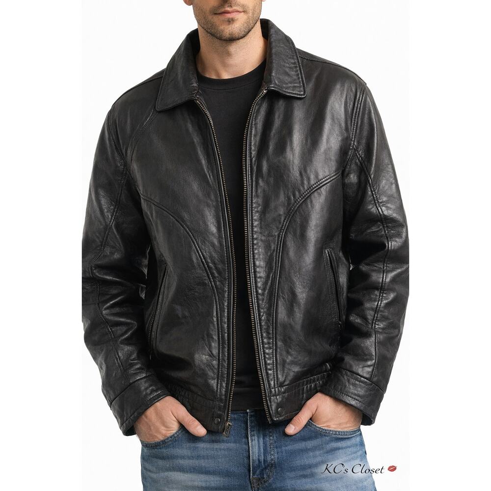Pelle Uomo Men’s Black Genuine Leather Jacket Zip Front Classic Moto Style